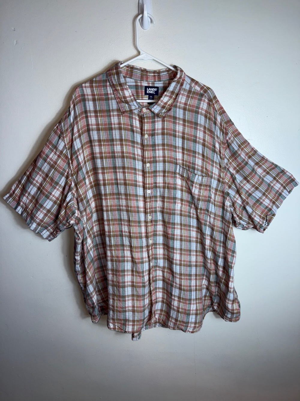 Lands End Mens Casual Button Up Shirt 100% Linen Plaid Lightweight Summer 4XL
